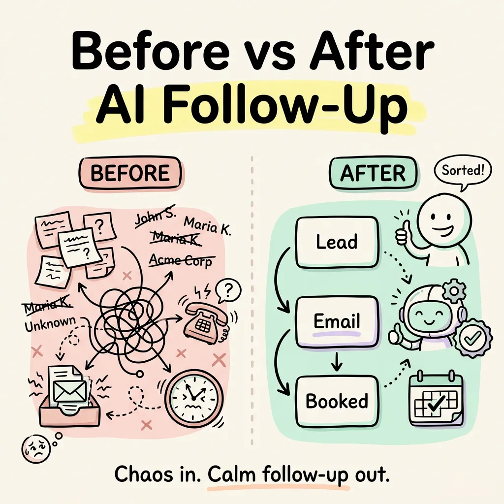 Before versus after AI follow-up: chaos in, calm follow-up out.
