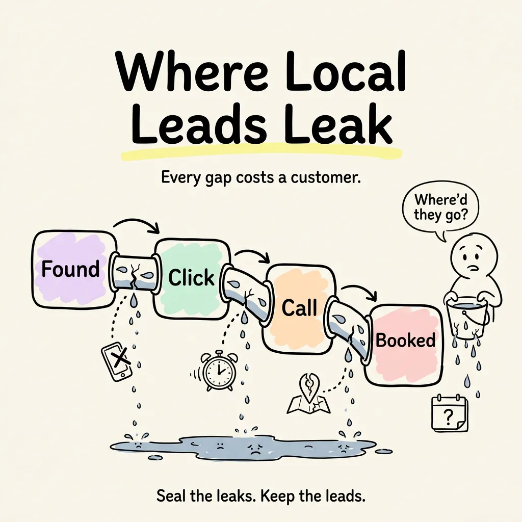 Where local leads leak: found, click, call, booked — every gap costs a customer.